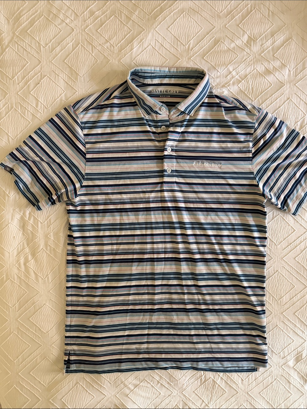 Striped Short-Sleeve Polo in Light Blue and Navy New Belgium Embroidered
